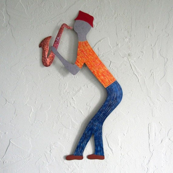 Musician Metal Wall Art Sculpture Saxophone Guy Recycled Metal