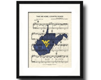Take Me Home, Country Roads, WV Theme Song, West Virginia University Song Art, Sheet Music Art, John Denver Song Art Print