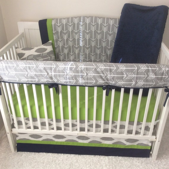 Baby Boy Crib Bedding Set Gray Green and Navy Arrows Ready to