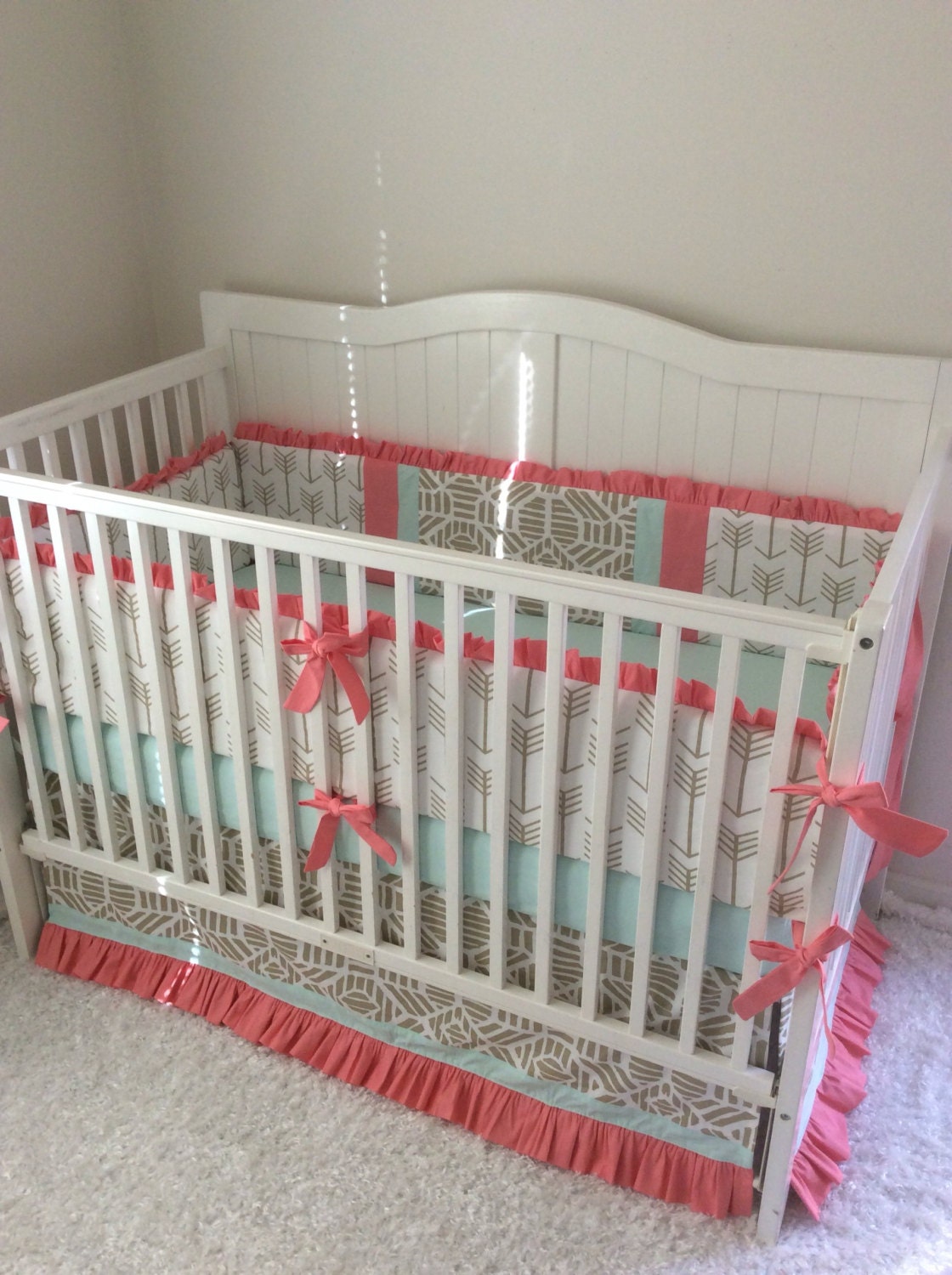 Baby Girl Crib Bedding Set Ruffled Gold Coral and Mint Boho