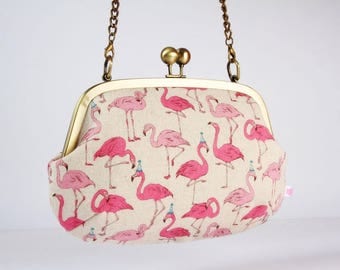 Metal frame purse with shoulder strap - Party flamingo - Swing purse / Japanese fabric / pink turquoise blue / hats
