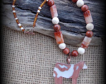 Glass Shorthorn Show Steer Jewelry/Heifer/Cattle Pendant With Gemstone Beaded Necklace Approx 18"