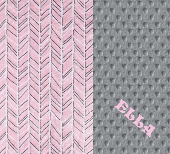 Minky Baby Blanket Girl, Silver Gray Pink Herringbone Personalized Baby Blanket - Newborn Gift // Girl Baby Blanket // Name Baby Blanket