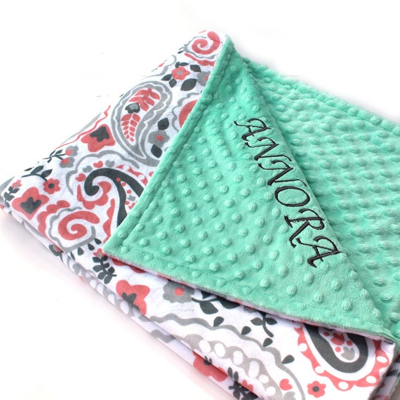 Minky Baby Blanket Girl, Gray Mint Coral Paisley Personalized Baby Blanket - Nursery Decor Girl // Coral Baby Blanket // Name Baby Blanket