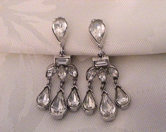 Vintage TRIFARI Philippe Rhinestone Silver Chandelier Earrings