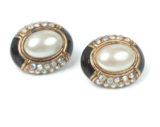 Oval Faux Pearl Earrings AB Rhinestones Black Enamel Vintage