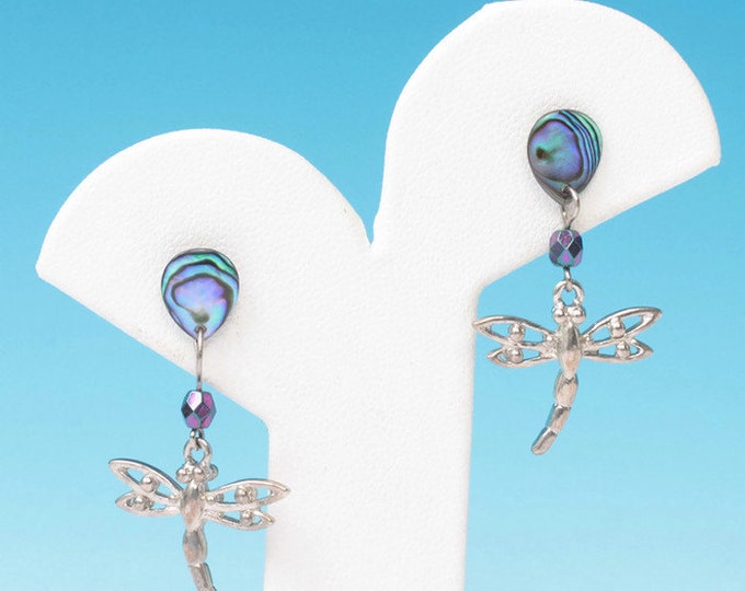 Vintage Dragonfly Earrings Abalone Shell Dangle Silver Tone Posts Insect Jewelry Drop Earrings