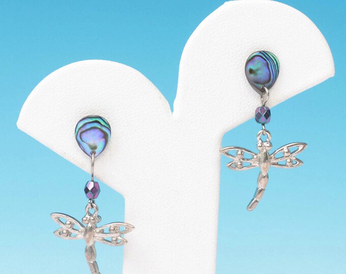 Dragonfly Abalone Figural Dangle Earrings Silver Tone Posts Vintage