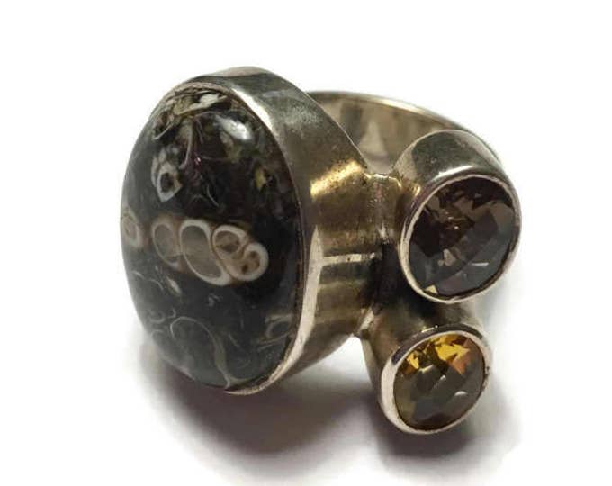 Three Stone Modernist Ring Aryo Ocean Jasper Citrine Topaz Sterling Silver Size 6