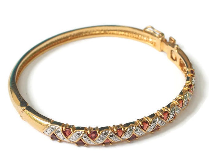 Garnet Bangle Bracelet Hinged Gold Tone Silver Tone Smaller Wrist Vintage