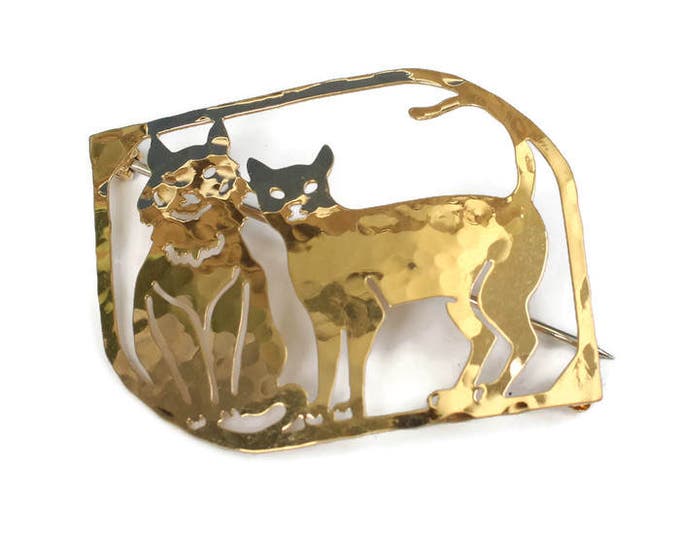 Gold Plated Cats Brooch Pin Hammered Finish Wild Bryde Vintage