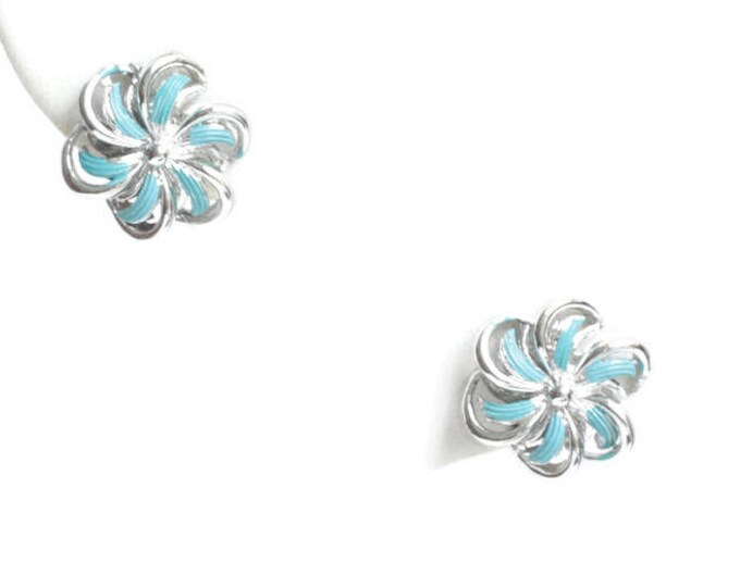 Turquoise Enamel Earrings Pinwheel Swirl Design Signed Star Screw Back
