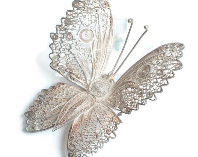 Large Silver Filigree Butterfly Brooch Peru Insect Jewelry Statement Brooch Vintage