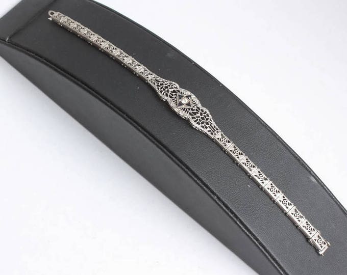 CIJ Sale Art Deco Filigree Bracelet Rhodium Faux Sapphires JHP Vintage