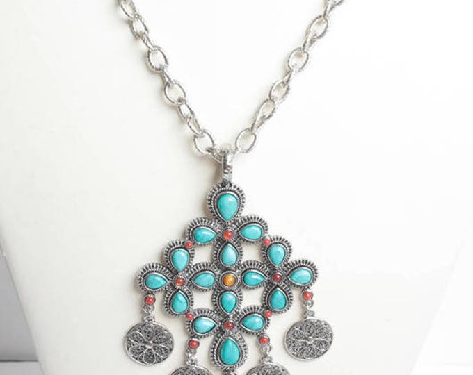Turquoise Bead Statement Necklace Cross Shaped Filigree Dangles Signed Graziano