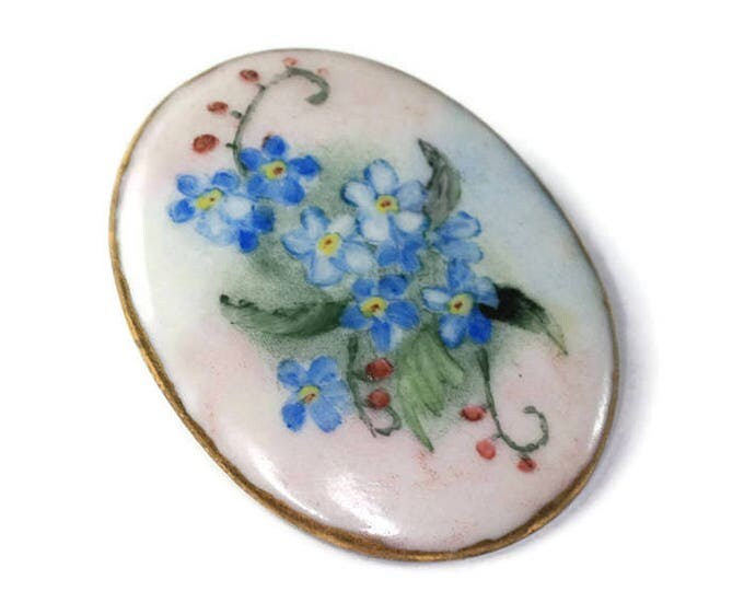 CIJ Sale Victorian Blue Flowers Porcelain Brooch Painted Forget Me Nots Oval Shape