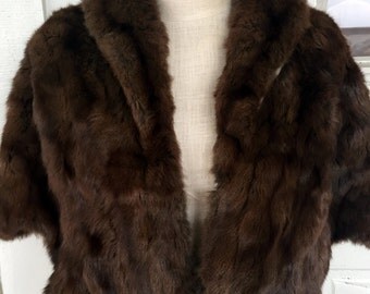 Vintage Dark Brown Mink Real Fur Cape Stole Wrap With Pockets