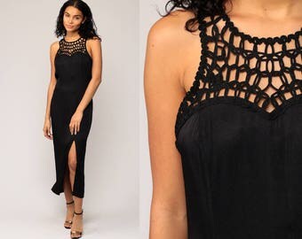 Long Black Dress Sheer CUTWORK Midi Cutout Party Boho Hippie 90s High Side Slit Cut Out Sleeveless Column Sheath Bohemian Medium Large