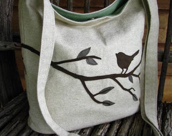TWO Bird Hobo Bag, Eco-Friendly Purse, WRAP AROUND design, Oatmeal Cotton-Linen, zipper pocket, 3 large open pockets, Inside keychain