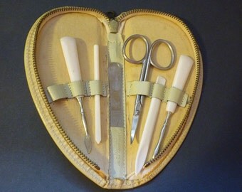 Vintage Ivory Leather Mini Manicure Set Travel Manicure Kit MidCentury Nail Kit 1950's Gifts for Her Gifts Under 20 FREE SHIPPING