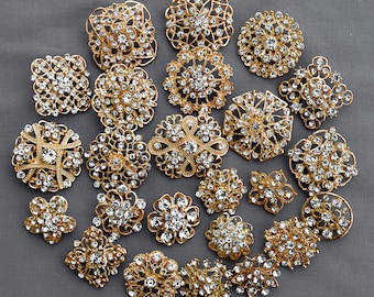 24 pcs Gold Rhinestone Brooch Crystal Brooches Wedding Invitation Cake Decoration Brooch Bouquet Kit Wholesale Lot BR680