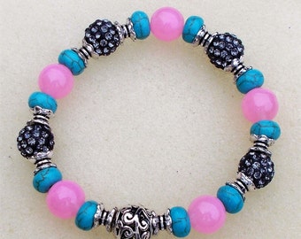 PINK TURQUOISE SHAMBALA Womens Teen Girls Stretch Beaded Bracelet