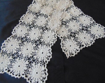 Vintage hand crochet table runner scarf dresser in ecru