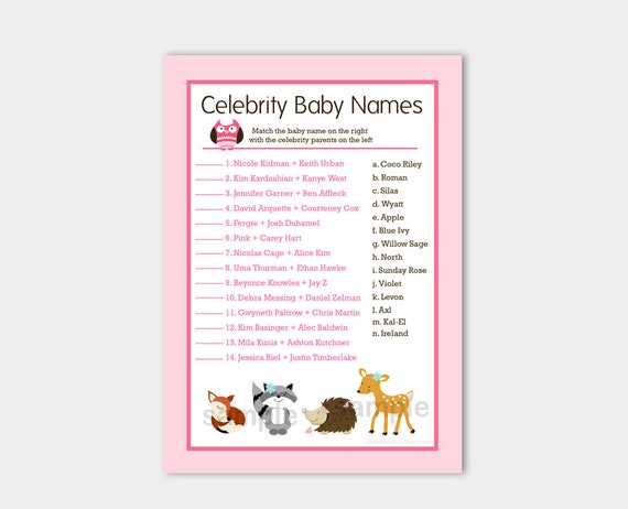 Woodland Animals Deer Baby Girl Shower Celebrity Baby Names Baby Shower Game Card, Printable PDF 