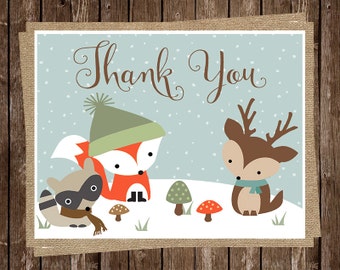 Winter, Forest Animals, Thank You Cards, Baby Shower, Birthday, Owl, Fox, Bunny, Neutral, 24 Folding Notes, FREE Shipping, WWOFGN, Woodland