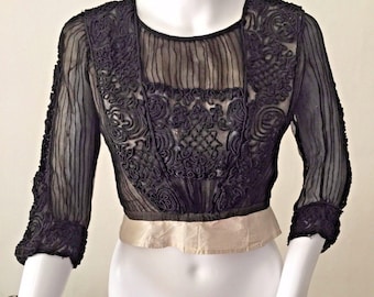 Incredible 1910s Edwardian Sheer Black Stripe Silk Bodice Blouse | Soutache Embroidery | XS