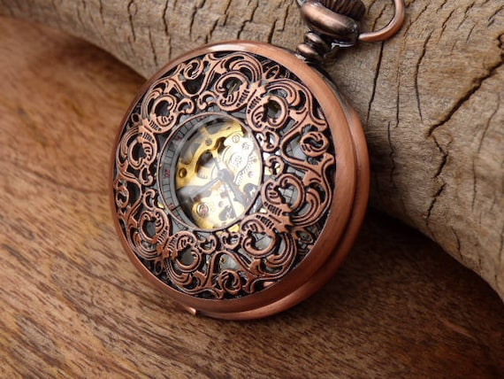 Copper Pocket Watch plus Watch Chain - Engrave 1-3 lines - Gold Arabic - Copper Watch - Groomsmen Gift - Gift Boxed - Item MPW253 by ArtInspiredGifts steampunk buy now online