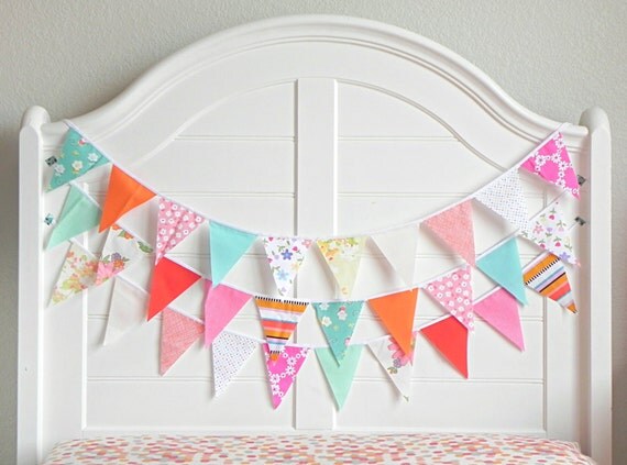 Fabric Bunting Banner, Colorful Garland, Fruit Birthday, Rainbow Bunting, Summer Garland, Fabric Garland, Vintage Circus, Coral and Mint Il_570xn