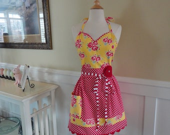 Red Rose in Summer Yellow & Red Dot ~ READY TO SHIP - Alivia Style - Women's Apron ~ 4RetroAprons