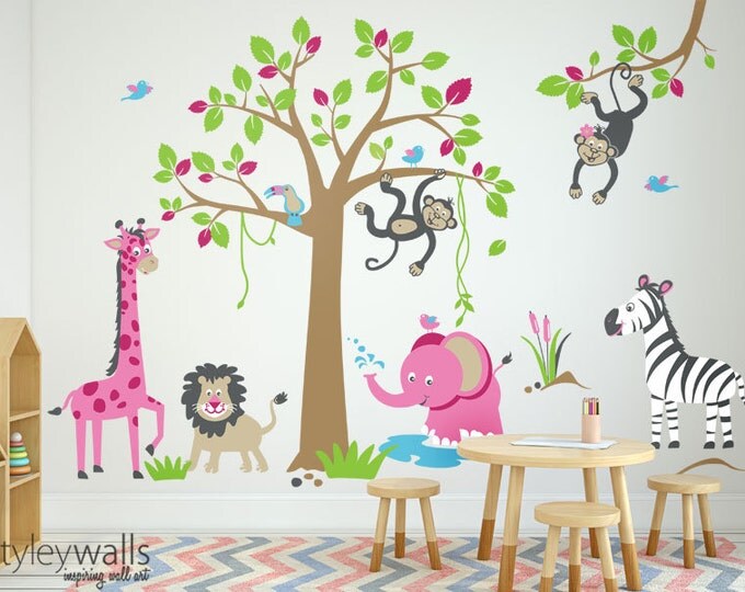 Jungle Animals Wall Decal, Safari Animals Wall Decal, Girls Room Wall Decal, Nursery Decor, Playroom Wall Decal, Monkey Giraffe Zebra Lion