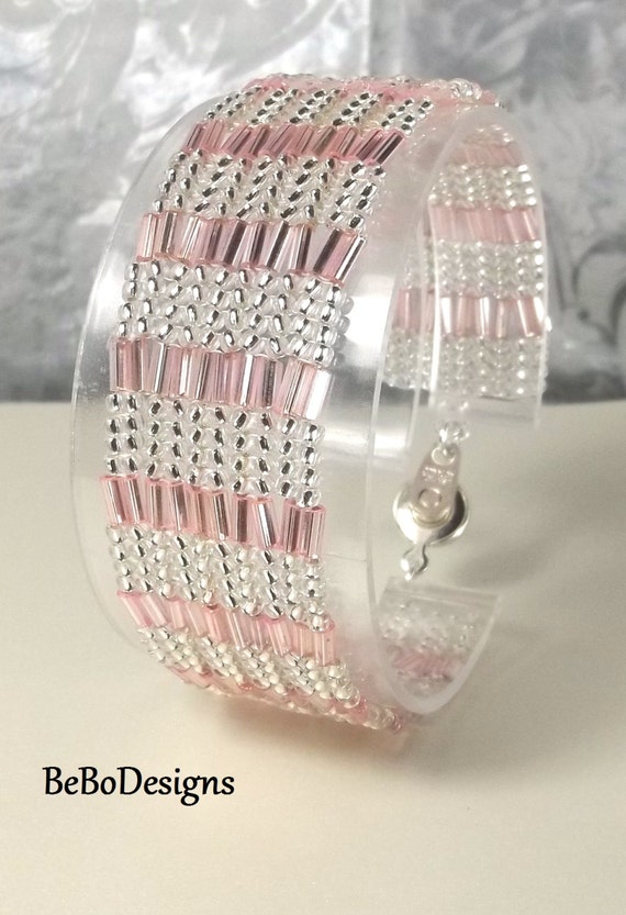 Herringbone Bead Woven Cuff Bracelet with Clear Silver Lined