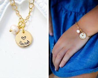 FREE SHIP • Girls Name Bracelet • Personalized Flower Girl Bracelet Charm Gold Toddler Jewelry • Girls Gift Child Bracelet Bridesmaid Gift