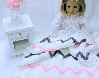 Crocheted Doll Blanket - Sasha - American Girl Doll - Chevron - Gotz - Lap Blanket - Comforter - Picnic Blanket - White Pink Warm Grey