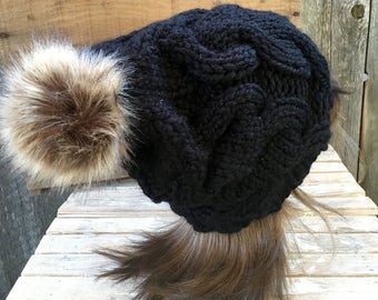 Black Cable Knit Hat with Fur Pom Pom, Oversized Slouchy Beanie, Women's Winter Hat, Pom Pom Hat, Faux Fur Pom Pom, Knit Accessories
