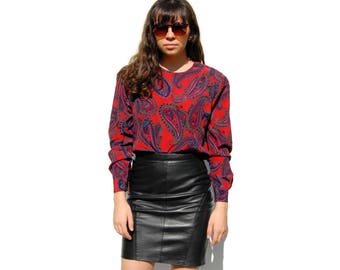 Red paisley print silk oversize blouse 1990s 90s VINTAGE