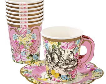 Alice in Wonderland Vintage Paper Cups and Saucers-pkg 12