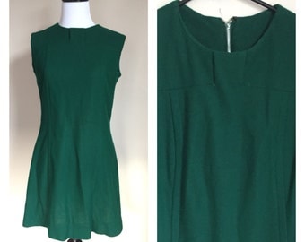 Vintage 1960's Forest Dark Greem Hand Made Mod Mini Shift Dress Small S