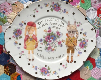 Moonrise Kingdom Bunnies how Lucky We Are Vintage Illustrated Plate