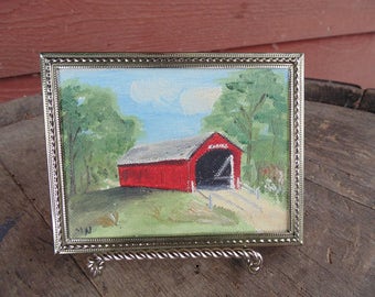 Red Covered Bridge. Oil Painting. Covered Bridge. Miniature Painting. vintage painting. Miniature