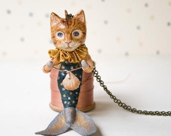 Little mermaid ginger cat spun cotton and clay handmade pendant. Cat lover gift. Birthday present. Cat figurine. Nautical