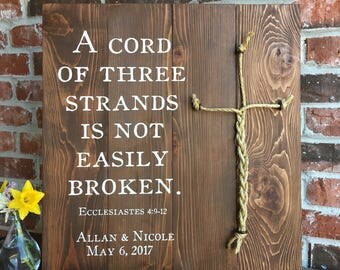 A Cord of three strands, Ecclesiastes 4:9-12, MEDIUM STAIN, cross cords, Wood sign, Rope Detail, Wedding Decor, wedding cord, wedding braid,