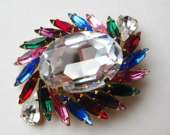 Vintage 50s 60s Sparkling Marquise Rhinestone Blue Pink Red Purple Green Jeweled Brooch Pin