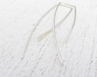 Minimal Earrings / Argentium Silver Earrings / Open Hoop Earrings / Hammered Long Back Earrings / Wire Earrings / Geometric Earrings 2136