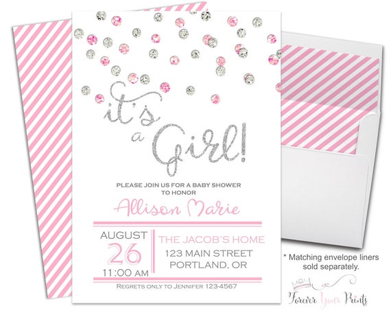 PINK AND SILVER Glitter Baby Shower Invitation - It's A Girl Baby Shower Invitation - Confetti Baby Shower - Glitter Baby Shower - Modern Il_570xn
