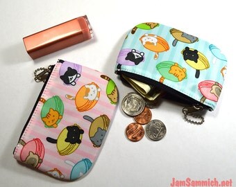 Cute Pastel Blue Colored Macaron Cat Coin Purses