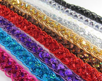 Holographic 1/2 Inch Scalloped Sequin Trim in Fuchsia, Turquoise, Purple, Red, Brown, Gold, Silver, White AB, Gunmetal, Black